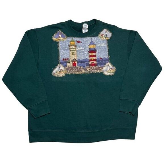 Vintage Lighthouse Crewneck Sweatshirt Patchwork Green Women's XL Cottagecore - Picture 1 of 11